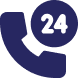 Blue circular 24/7 customer support icon featuring a phone receiver.