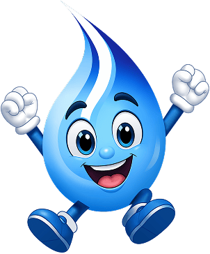 Cheerful blue cartoon water droplet mascot with a smiling face, arms raised, and blue shoes, looking energetic as it hops or runs.