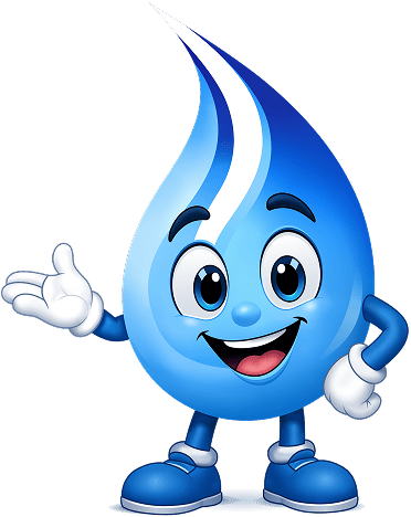 Friendly blue cartoon water droplet with a smile, arms outstretched and wearing sneakers, posed as a mascot for hydration or water awareness.