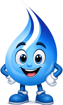 Cheerful cartoon blue water droplet mascot with big eyes, smile, and hands on hips wearing blue shoes.