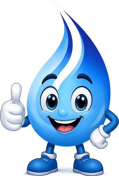 Happy blue water drop mascot giving a thumbs up and smiling, wearing sneakers.