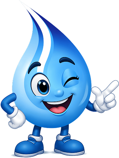 Cheerful blue water drop mascot winking and pointing with its right hand, wearing blue sneakers.