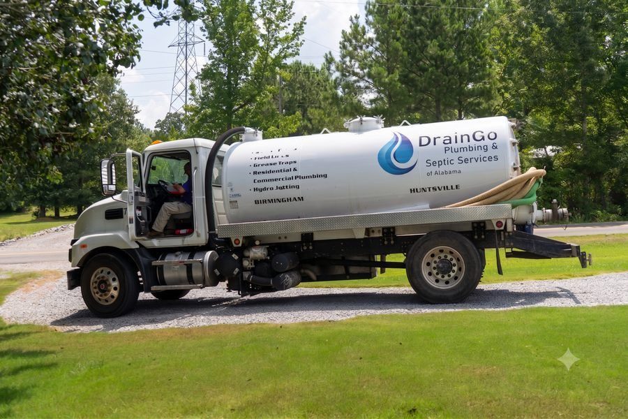 Septic service truck labeled DrainGo Plumbing & Septic Services of Alabama (Huntsville) parked on a gravel driveway; driver seated in the cab with trees in the background.
