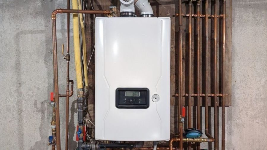 Tankless water heater installed on exposed wall.