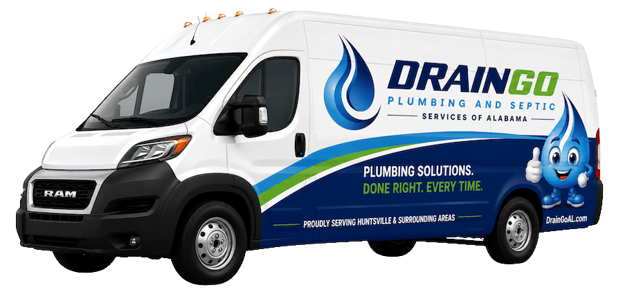 White service van for DrainGo Plumbing & Septic Services of Alabama, with blue splash graphics and a smiling water drop mascot on the side panel.