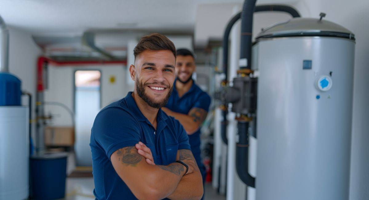 Two professional technicians working together on equipment maintenance in a well-lit environment.