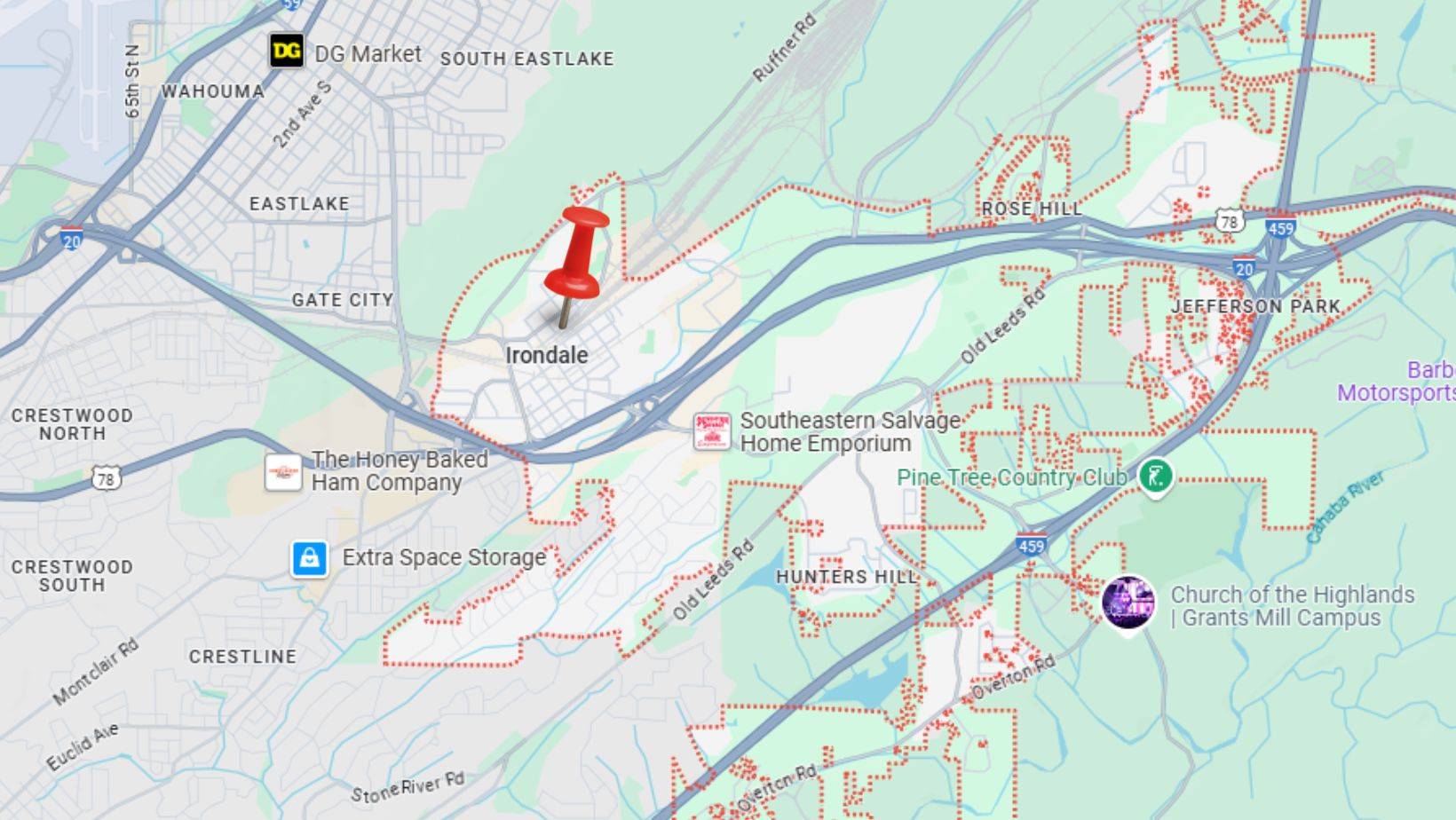 A map highlighting the location of Irondale, Alabama, with a red pin marking the area, surrounded by notable landmarks like Southeastern Salvage Home Emporium and Church of the Highlands | Grants Mill Campus. Key highways and neighborhoods around Irondale are also visible.