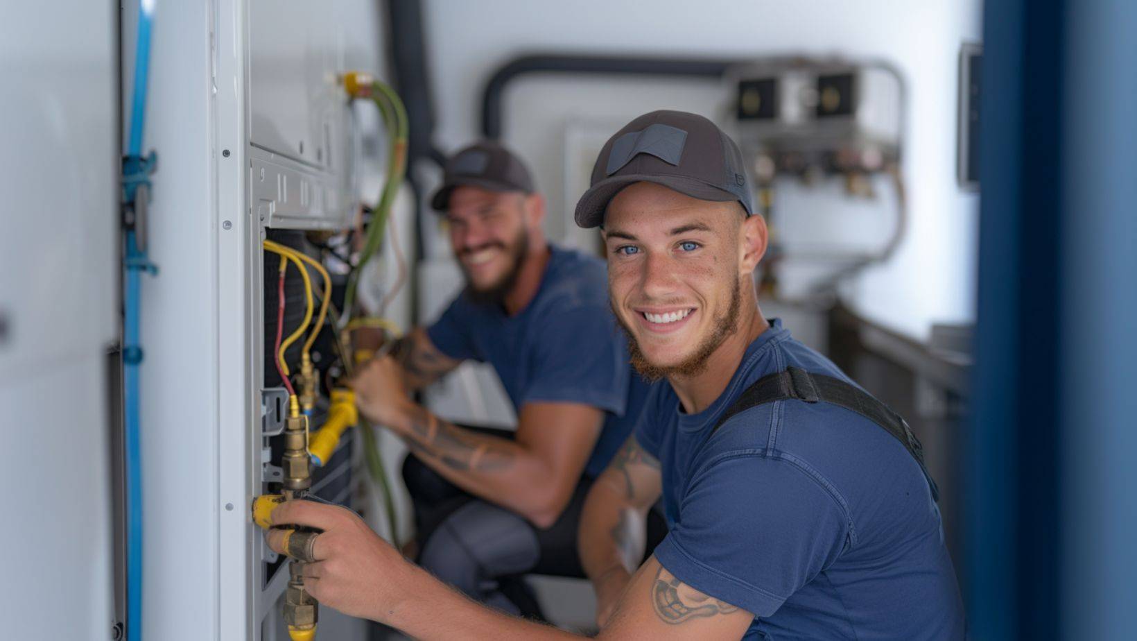 Two smiling technicians working on equipment in a well-lit space, focusing on maintenance or repair tasks.