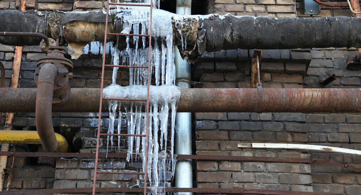 Exterior pipes with ice buildup and icicles due to freezing temperatures.