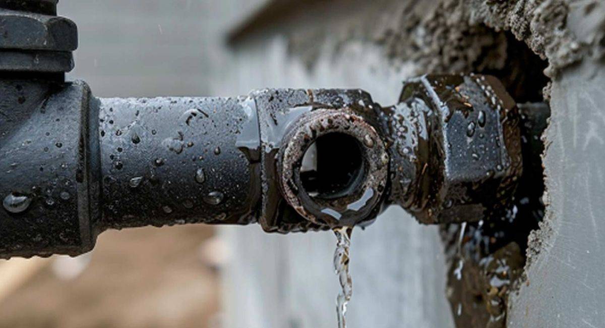 Close-up of a leaking pipe with water dripping, related to the question "is there lead in my water" for DrainGo Plumbing.