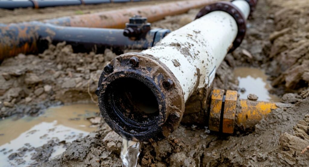 plumbers in leeds al offering Comprehensive plumbing services in Leeds, AL, showing underground pipes with flowing water during repair.