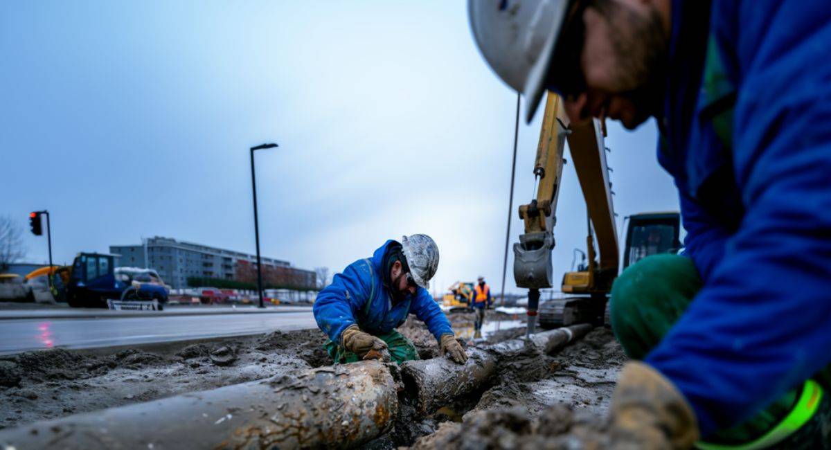 Plumbers in Chelsea, Alabama providing emergency plumbing services, repairing damaged pipes on a construction site.