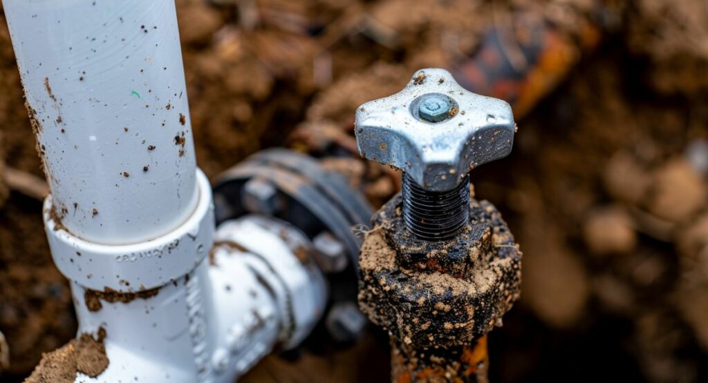 plumbers in leeds al Regular maintenance for plumbing systems in Leeds, AL showing a repaired water valve and pipe connection in soil.