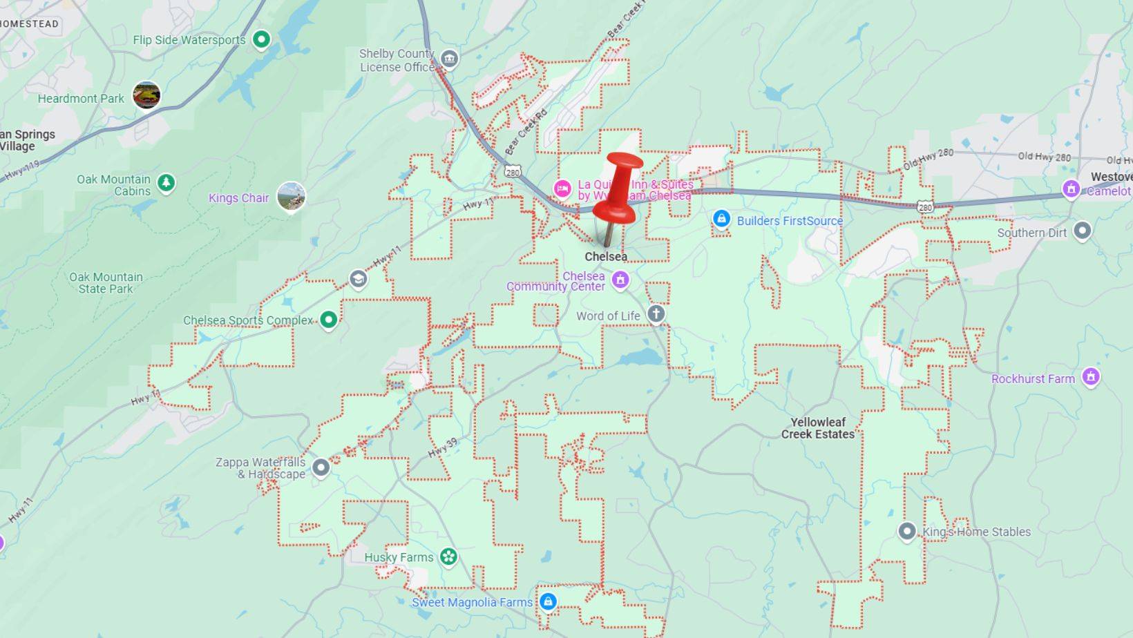 Map highlighting Chelsea, Alabama, with a focus on professional plumbing services provided by top plumbers in Chelsea, Alabama.