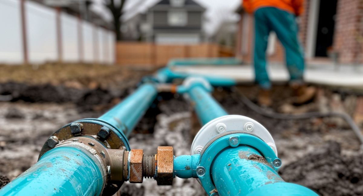 Blue underground water pipes being installed as part of plumbing system upgrades by plumbers in Fairfield, AL.