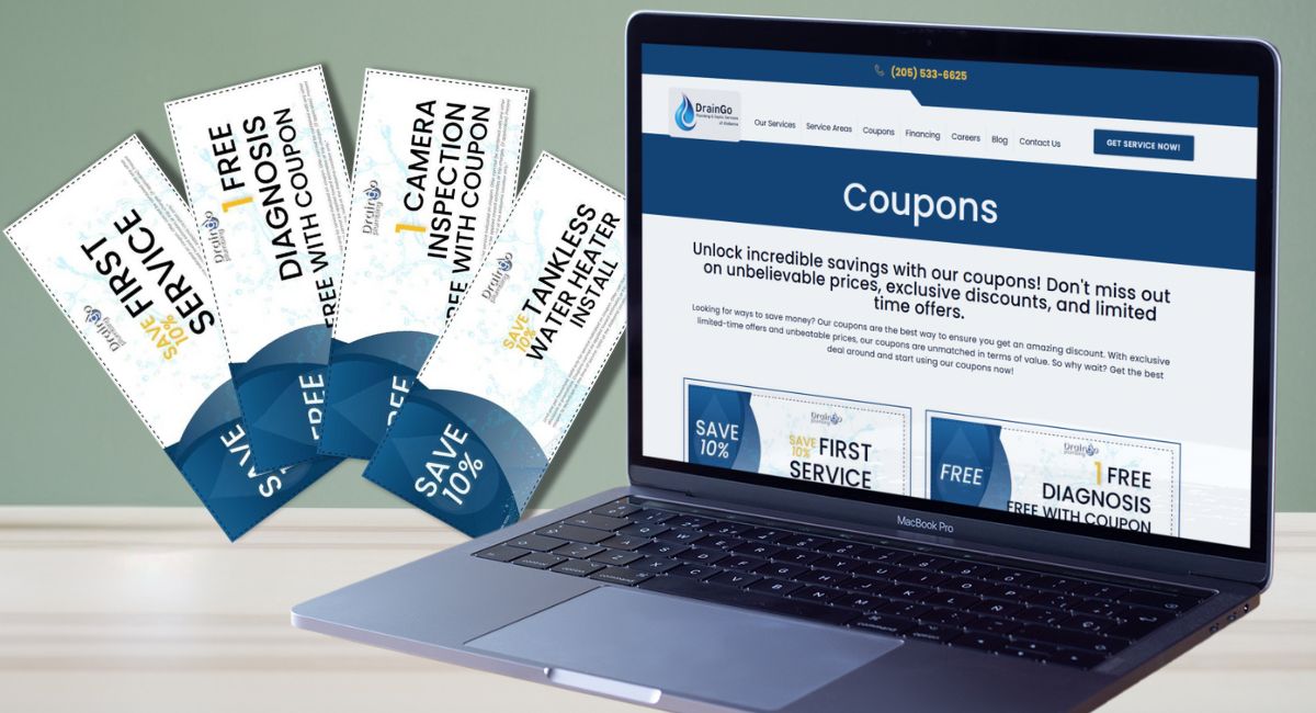 Plumbing service coupons displayed on a laptop screen, offering discounts for residents in Clanton, Alabama.