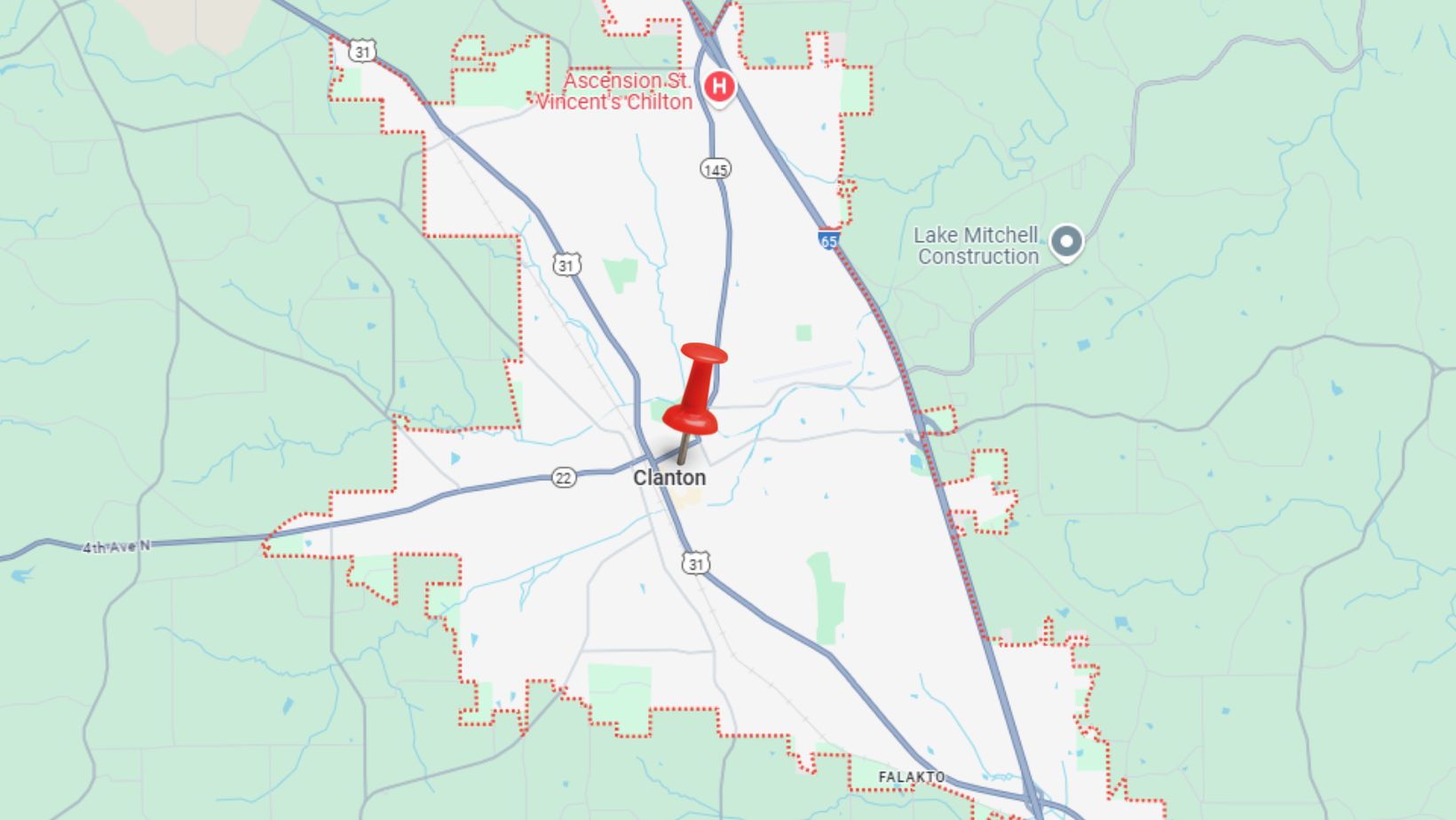 Map of Clanton, Alabama, showcasing the city's boundaries and key locations, emphasizing the availability of plumbers in Clanton for reliable plumbing services.