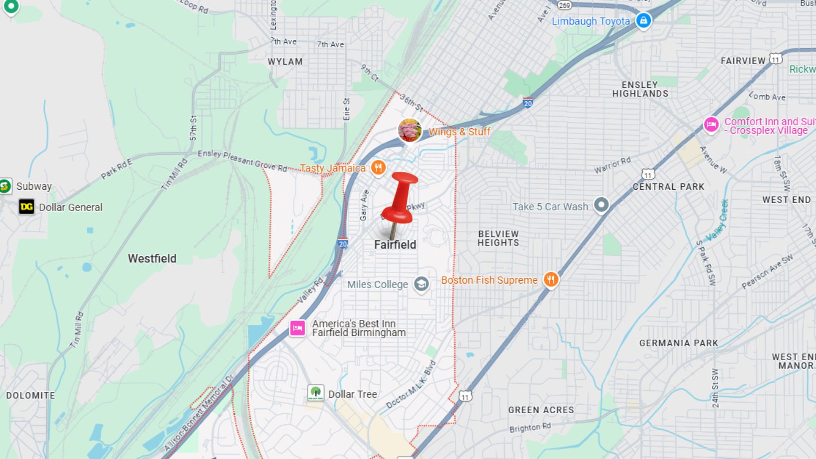 Map of Fairfield, AL, highlighting areas served by professional plumbers in Fairfield offering plumbing services and repairs.