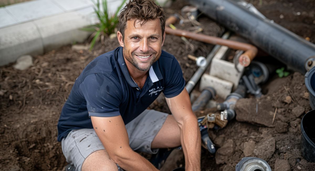 A professional plumber smiling while working on an outdoor plumbing repair project in Fairfield, AL.