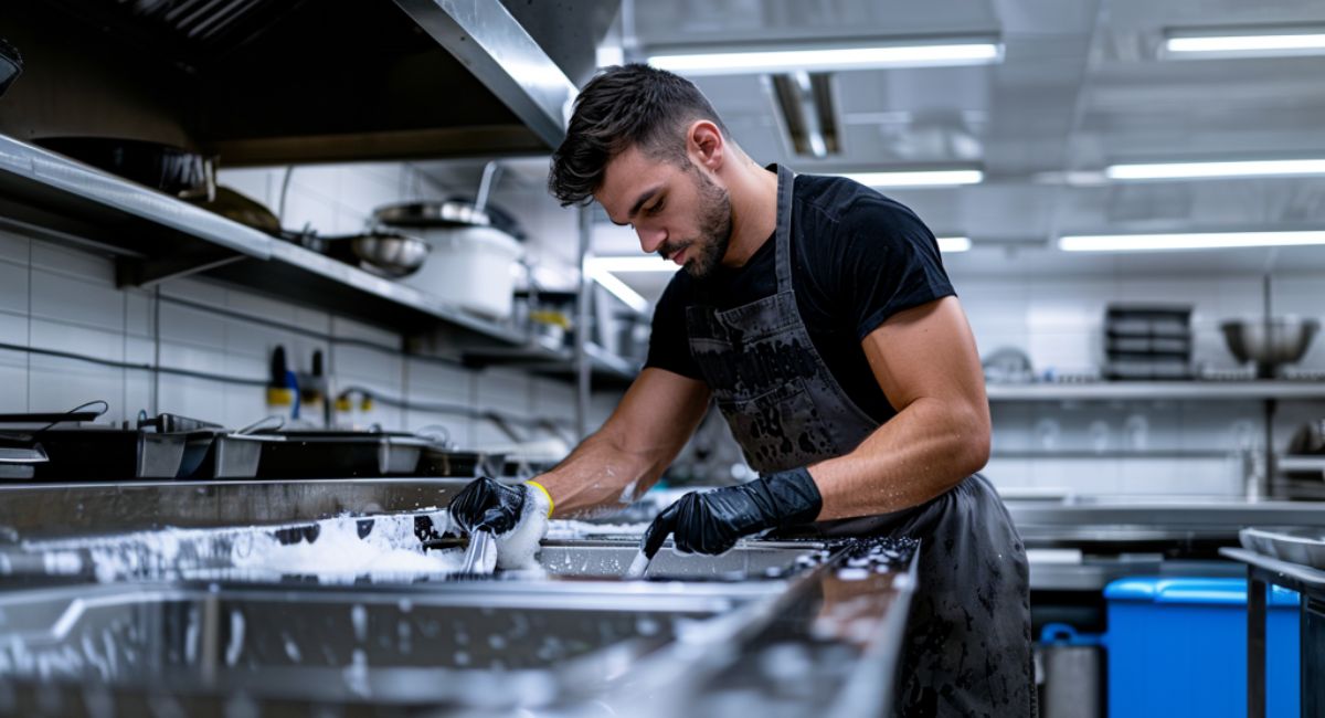 A plumber in Clanton maintaining a grease trap in an industrial kitchen for optimal functionality.