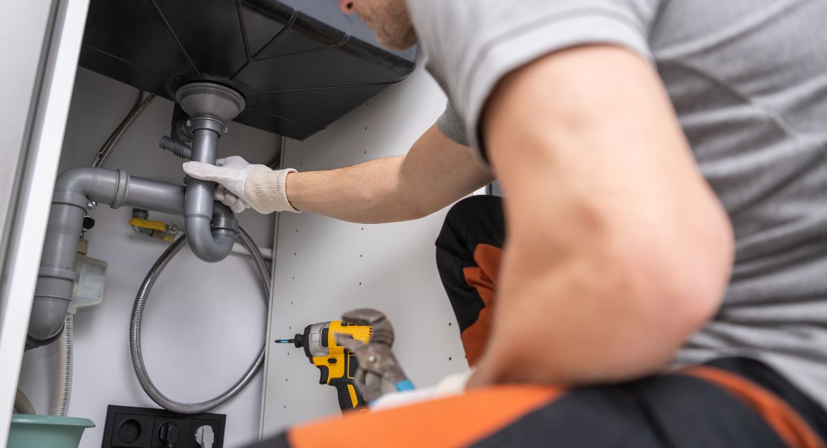 Plumbers in Fairfield inspecting the underside of a kitchen sink to address leaks and plumbing repairs.