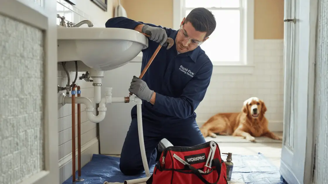Professional plumber repairing bathroom sink pipes while golden retriever rests nearby at home