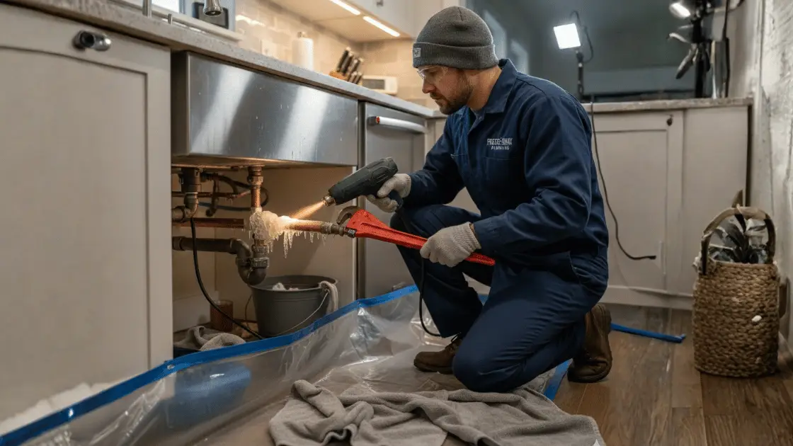 Plumber thawing frozen kitchen pipes with heat gun during emergency plumbing repair service at home