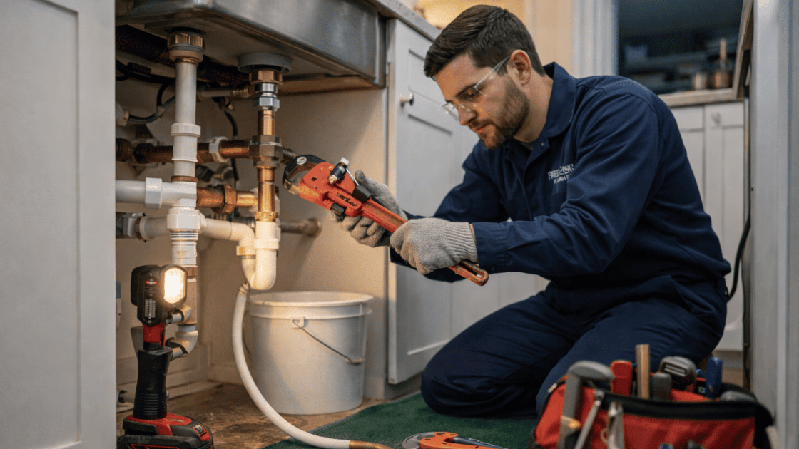 Professional plumber repairing kitchen sink pipes with wrench during home plumbing maintenance service