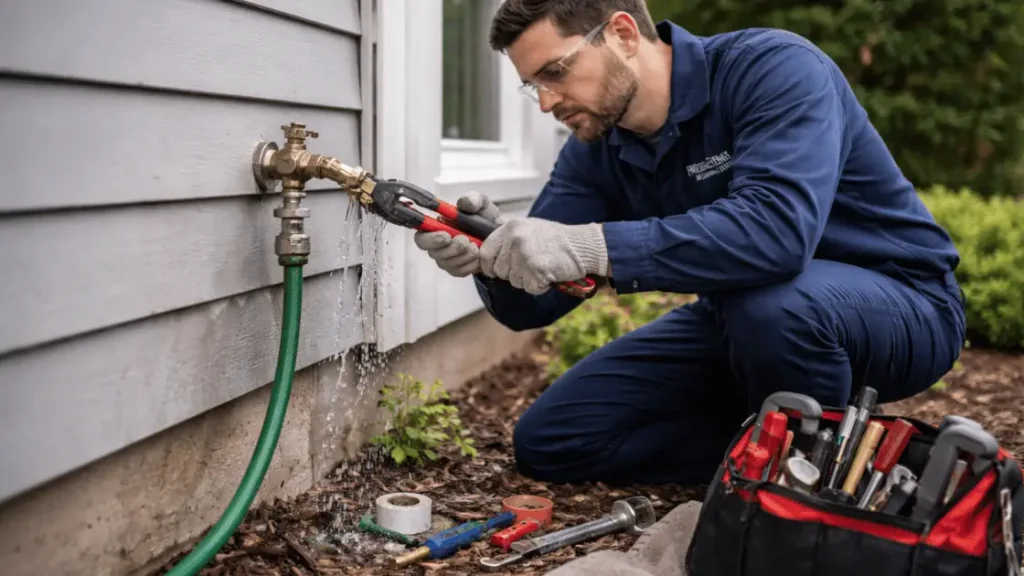 Plumber repairing leaking outdoor water spigot with wrench during residential plumbing service