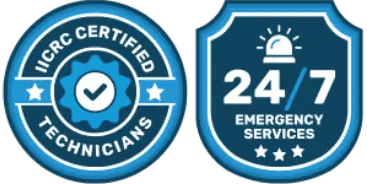 Two blue badges: 'ICRC CERTIFIED TECHNICIANS' seal and a '24/7 EMERGENCY SERVICES' shield with a siren.
