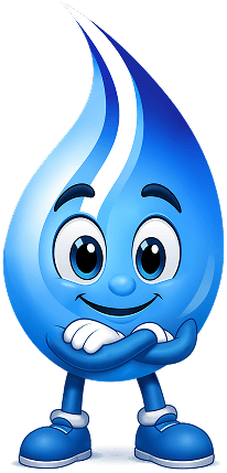Cheerful blue water drop cartoon with arms crossed and sneakers, smiling at the viewer.