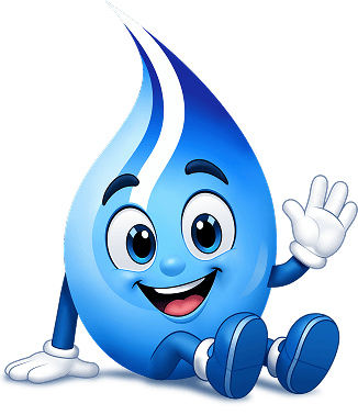 Smiling blue cartoon water drop with white gloves and blue shoes waving hello.