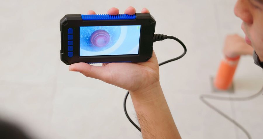 Person holds a handheld borescope with a screen showing a view inside a pipe or tube, blue accents on the device