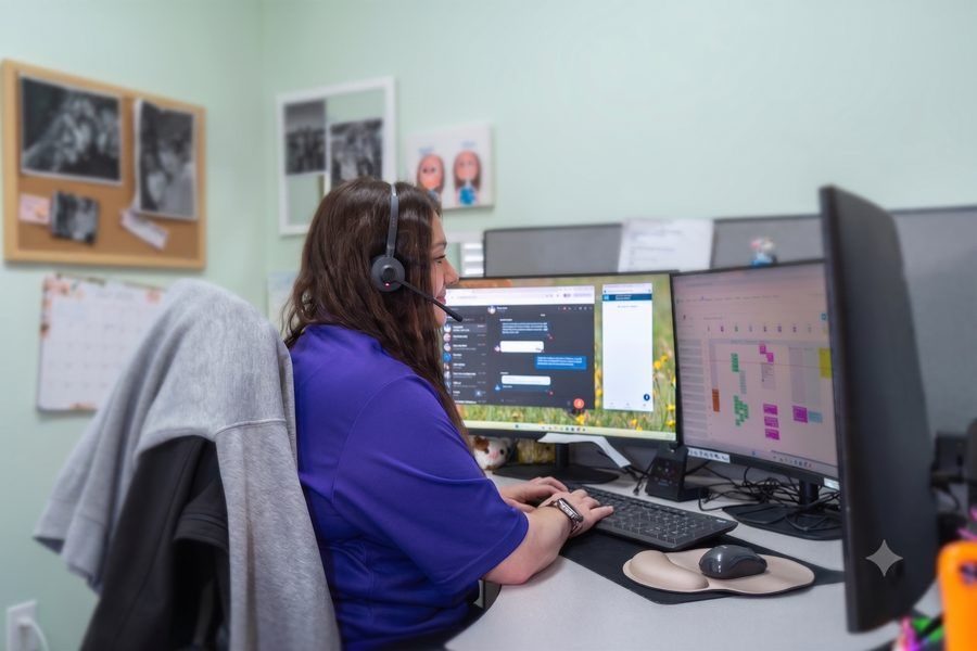 Customer service agent with headset working at dual monitors in an office cubicle.