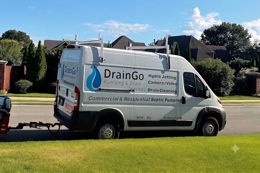 White DrainGo plumbing van parked on a sunny suburban street with service branding on the side doors.